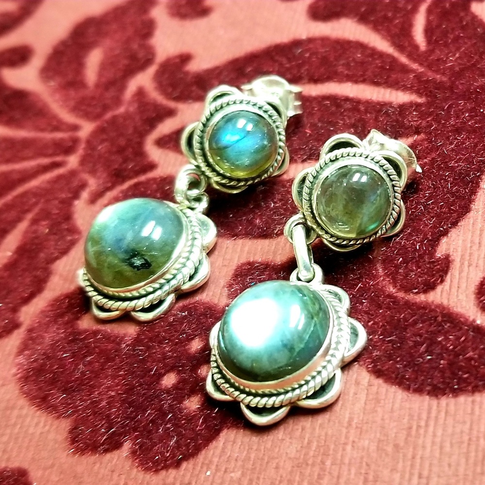 STERLING SILVER DANGLE LABRADORITE EARRINGS - Picture 8 of 8